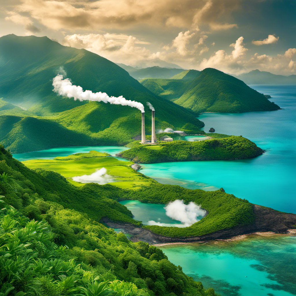 An image that showcases a picturesque island landscape with lush green mountains and a turquoise sea