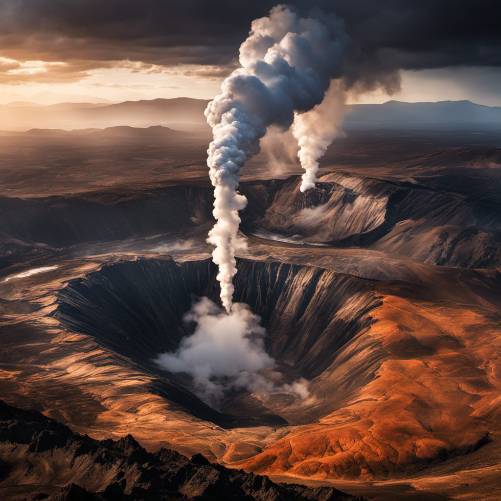 An image showcasing a vast expanse of rugged, volcanic terrain, where steam rises dramatically from fissures in the earth