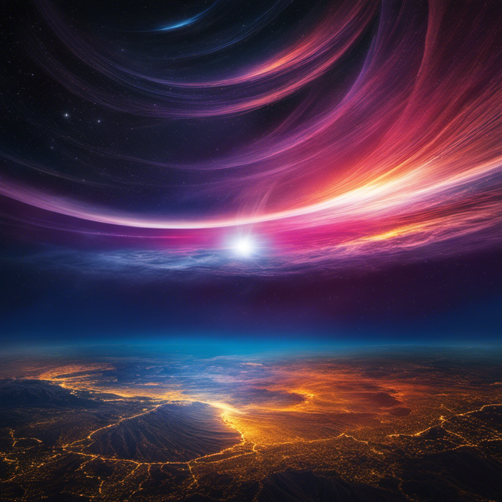 An image showcasing the ionosphere, a layer in Earth's atmosphere, where vibrant streaks of charged particles dance across the sky, illuminated by the mesmerizing hues derived from the absorption of solar energy