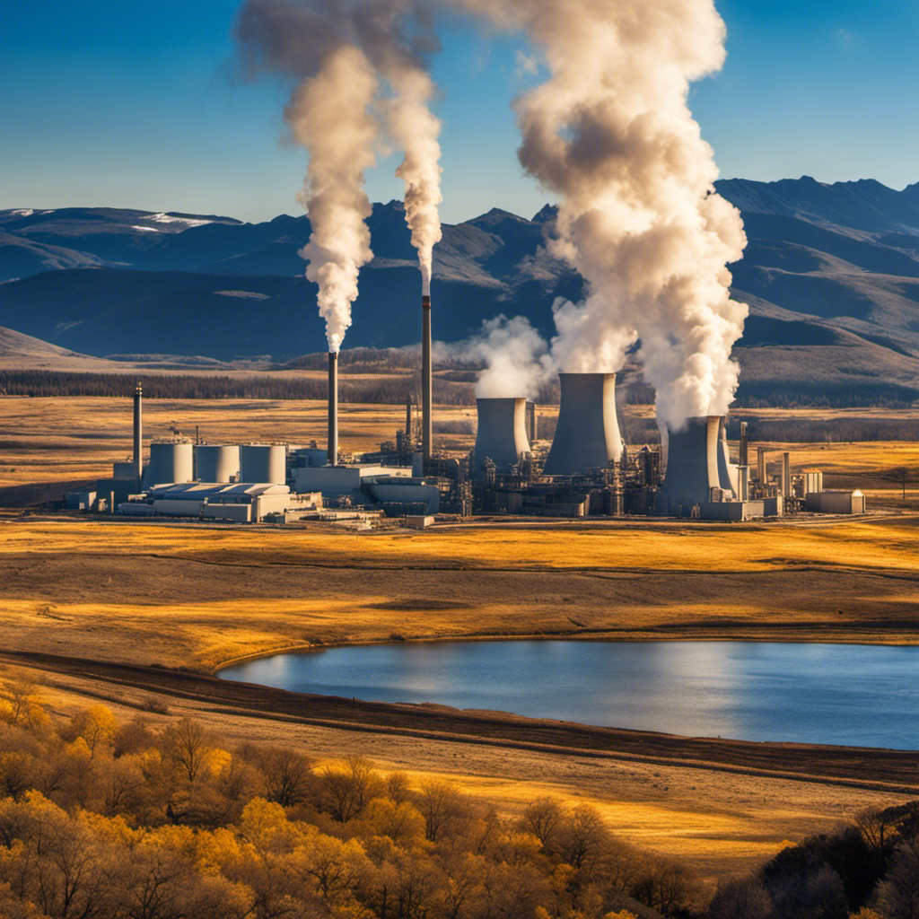 An image showcasing a vast, sun-kissed landscape with towering geothermal power plants nestled between rocky mountains, their steam blending with the clear blue sky, symbolizing the ideal location for geothermal energy development in the US