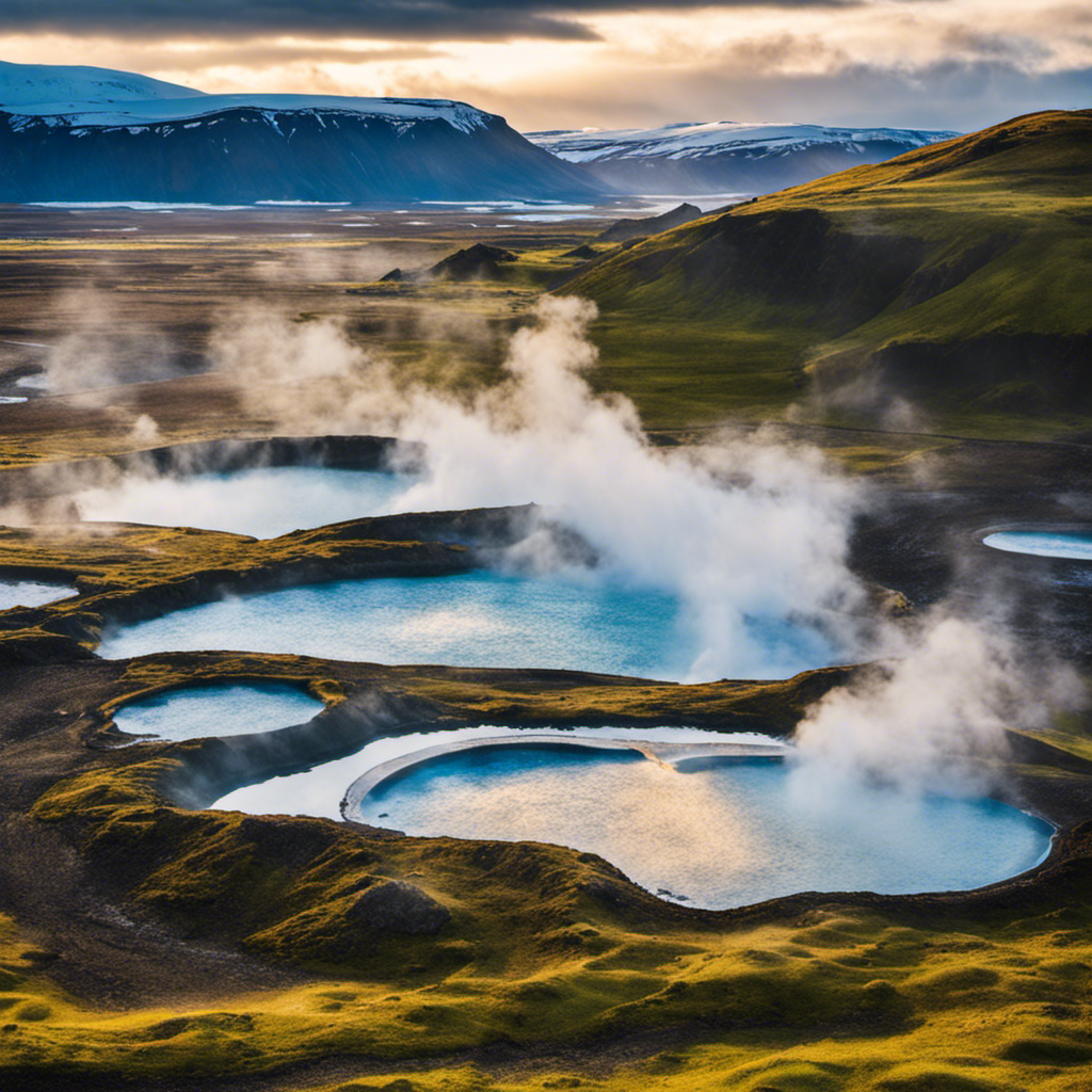 An image showcasing a vibrant Icelandic landscape, with bubbling hot springs and steam rising from the ground