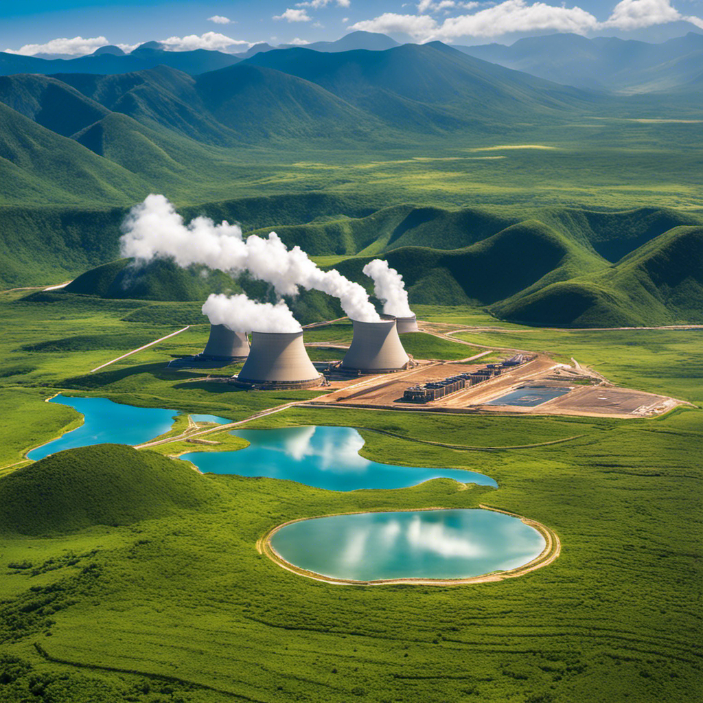 An image showcasing the vibrant African landscape, with a vast expanse of geothermal power plants seamlessly blending into the surroundings