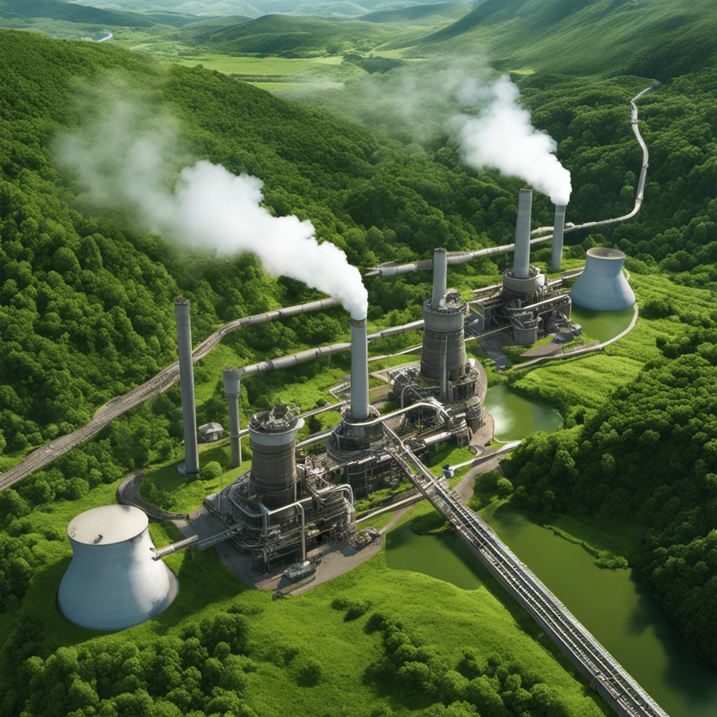 An image featuring a vast underground network of geothermal power plants, surrounded by lush green landscapes