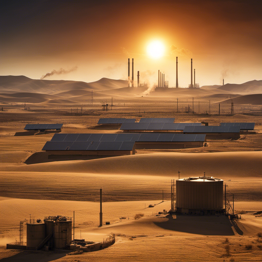 An image showing a sun-drenched landscape with a barren desert devoid of solar panels, while in the background, smokestacks belch dark fumes into the sky, symbolizing the current limitations of solar energy compared to oil