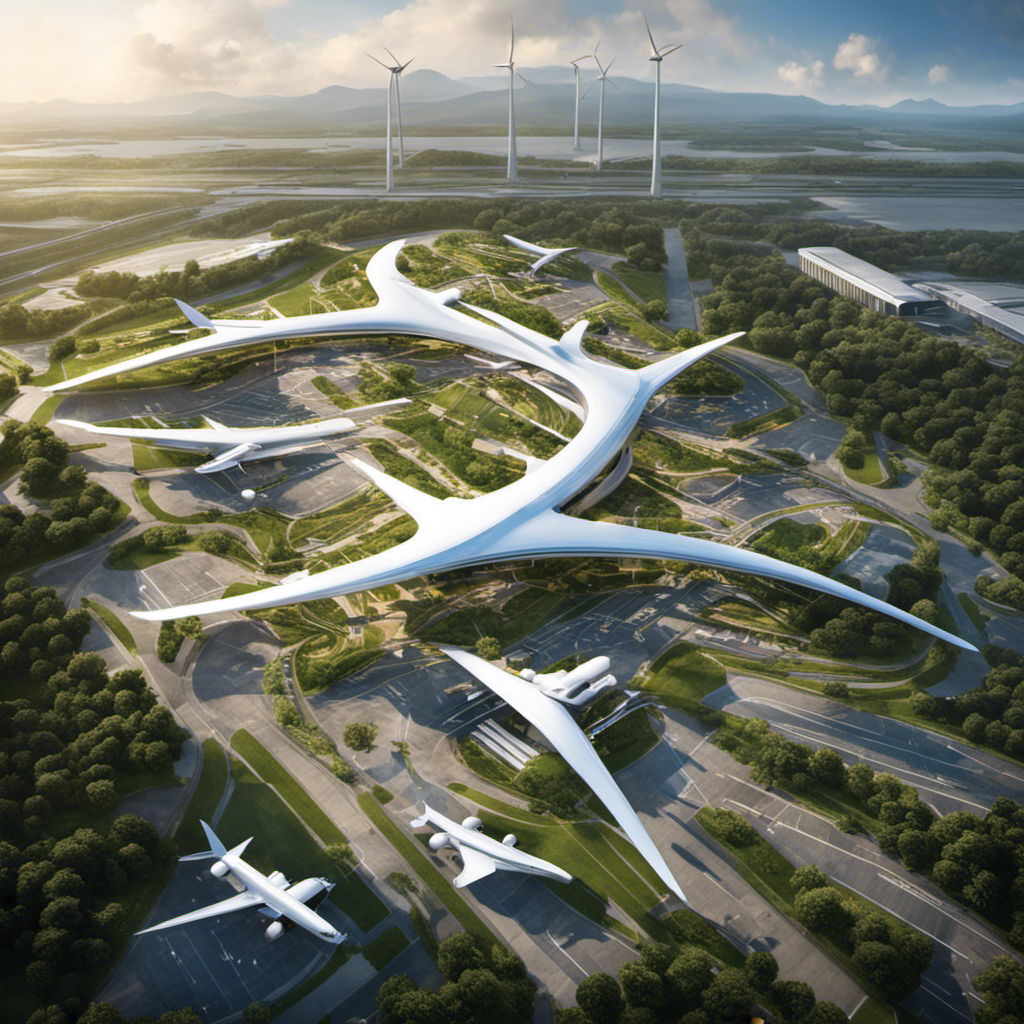 An image featuring a modern airport terminal with bustling activity, surrounded by lush greenery and wind turbines in the background, symbolizing the perfect harmony between sustainable aviation and economic prosperity
