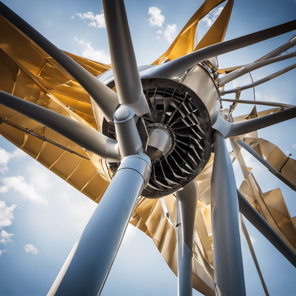 An image showcasing the intricate components of a wind turbine, revealing its construction materials