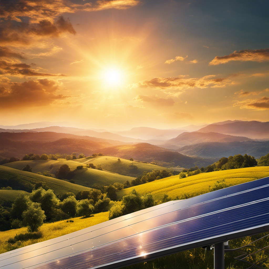 An image showcasing a vibrant summer landscape with a cloudless sky, a golden sun shining directly overhead, casting intense, unobstructed rays of sunlight onto a solar panel installation, symbolizing the peak solar energy month