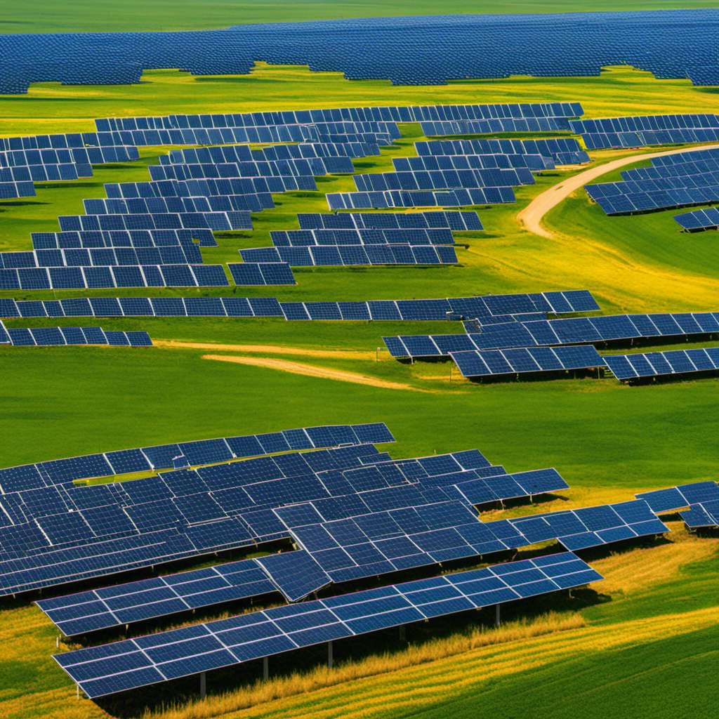 An image showcasing Iowa's solar power dominance by depicting a vibrant landscape dotted with countless solar panels seamlessly blending with the horizon, illustrating the significant contribution to renewable energy production in the state