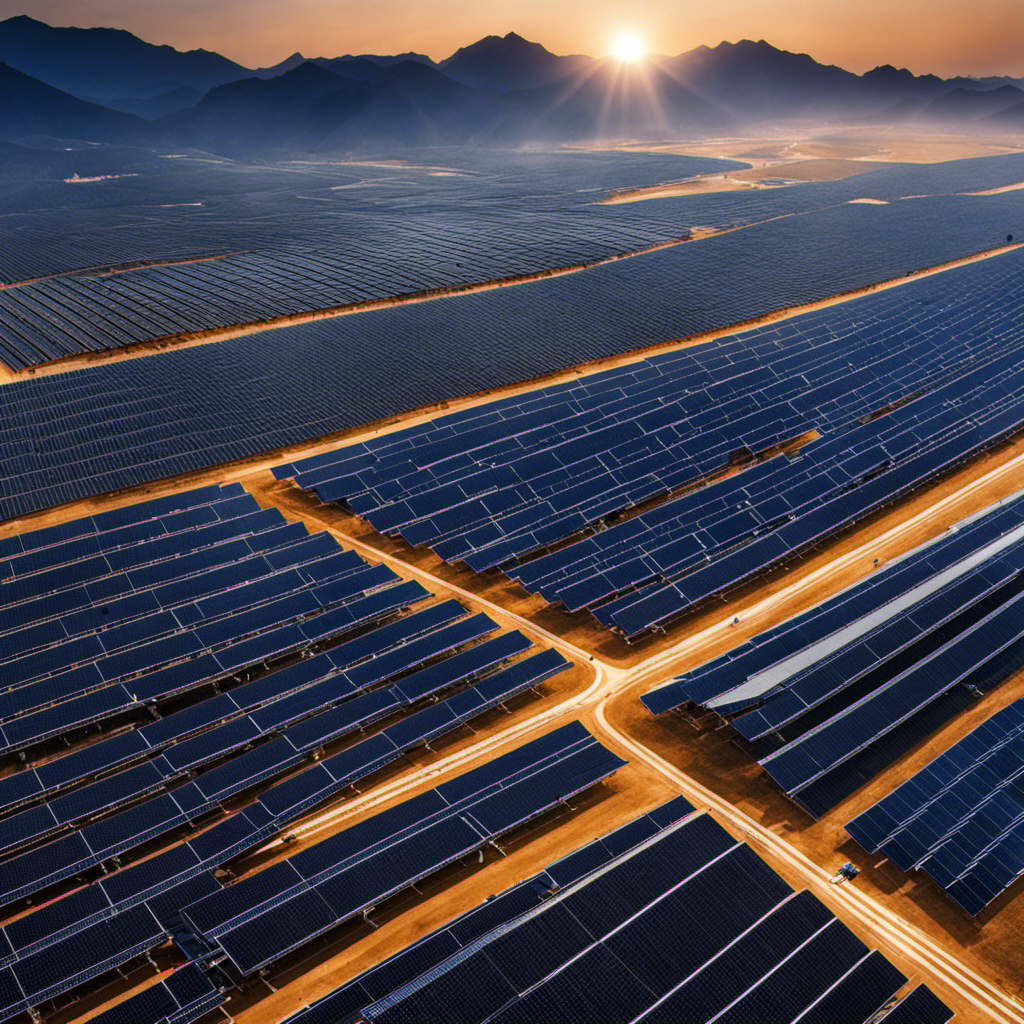 An image showcasing the vast Chinese landscape with rows upon rows of solar panels stretching across the horizon, harnessing the sun's power to meet the nation's energy demands