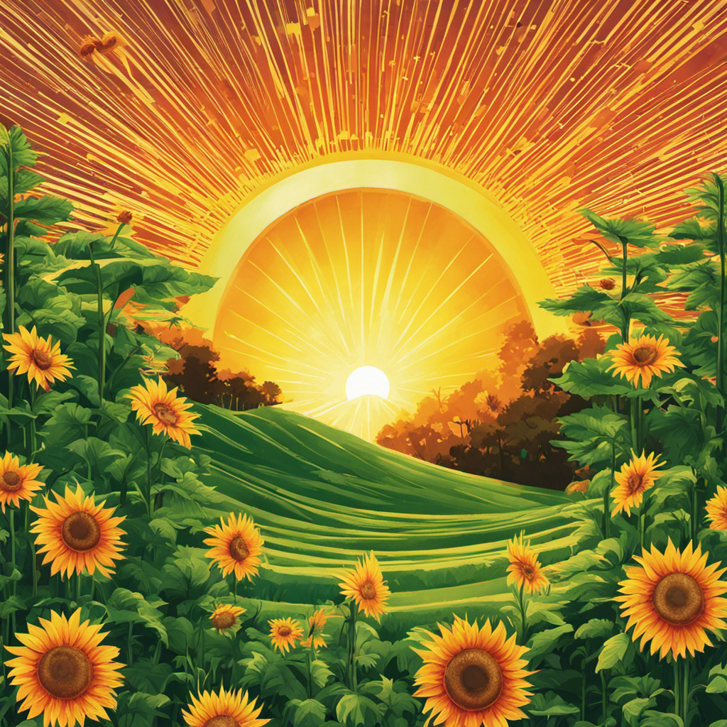 An image depicting a vibrant sun radiating intense solar energy onto lush green plants