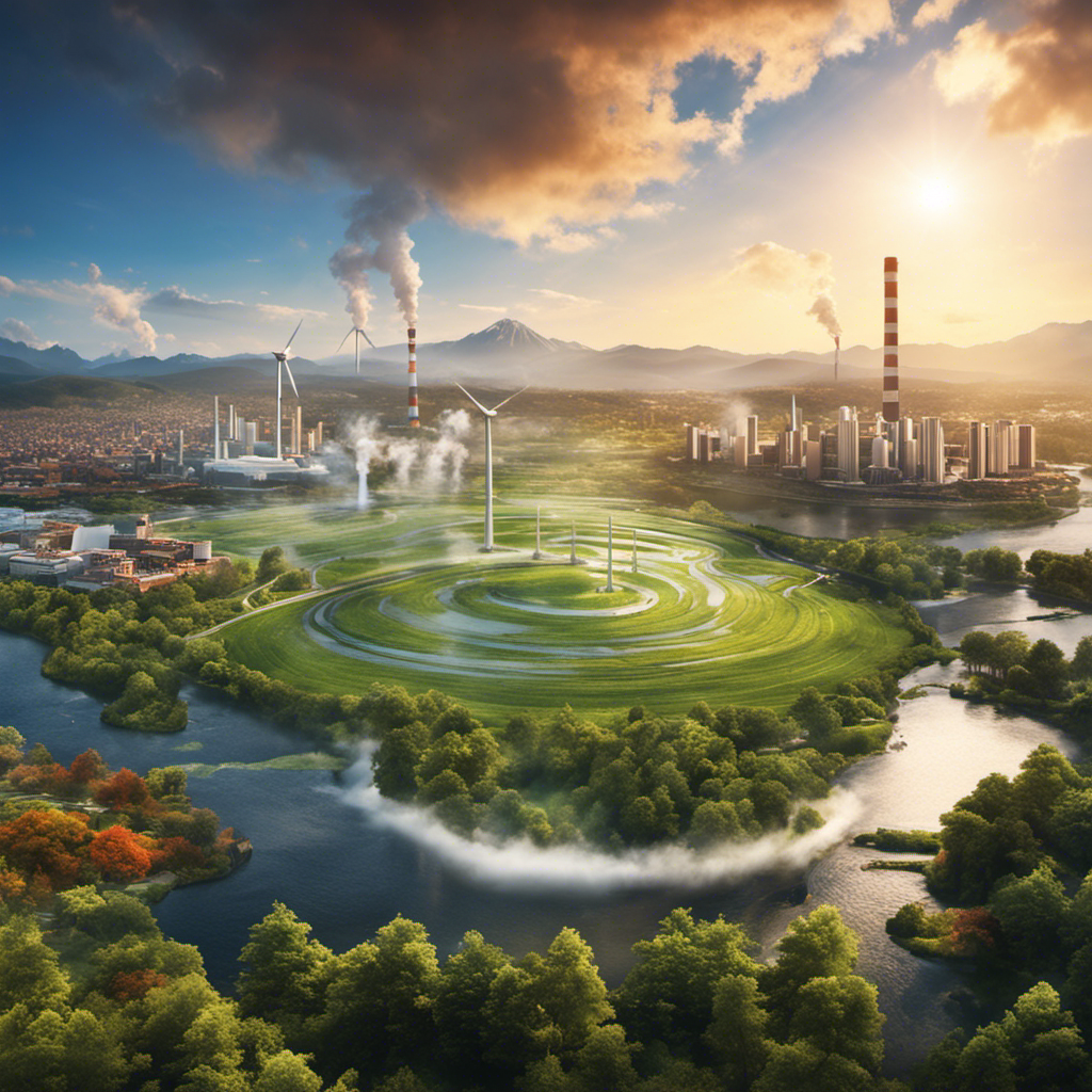 An image showcasing a diverse landscape, with a vibrant city skyline powered by clean energy, surrounded by geothermal power plants emitting steam, demonstrating the global distribution and contribution of geothermal energy to the energy mix