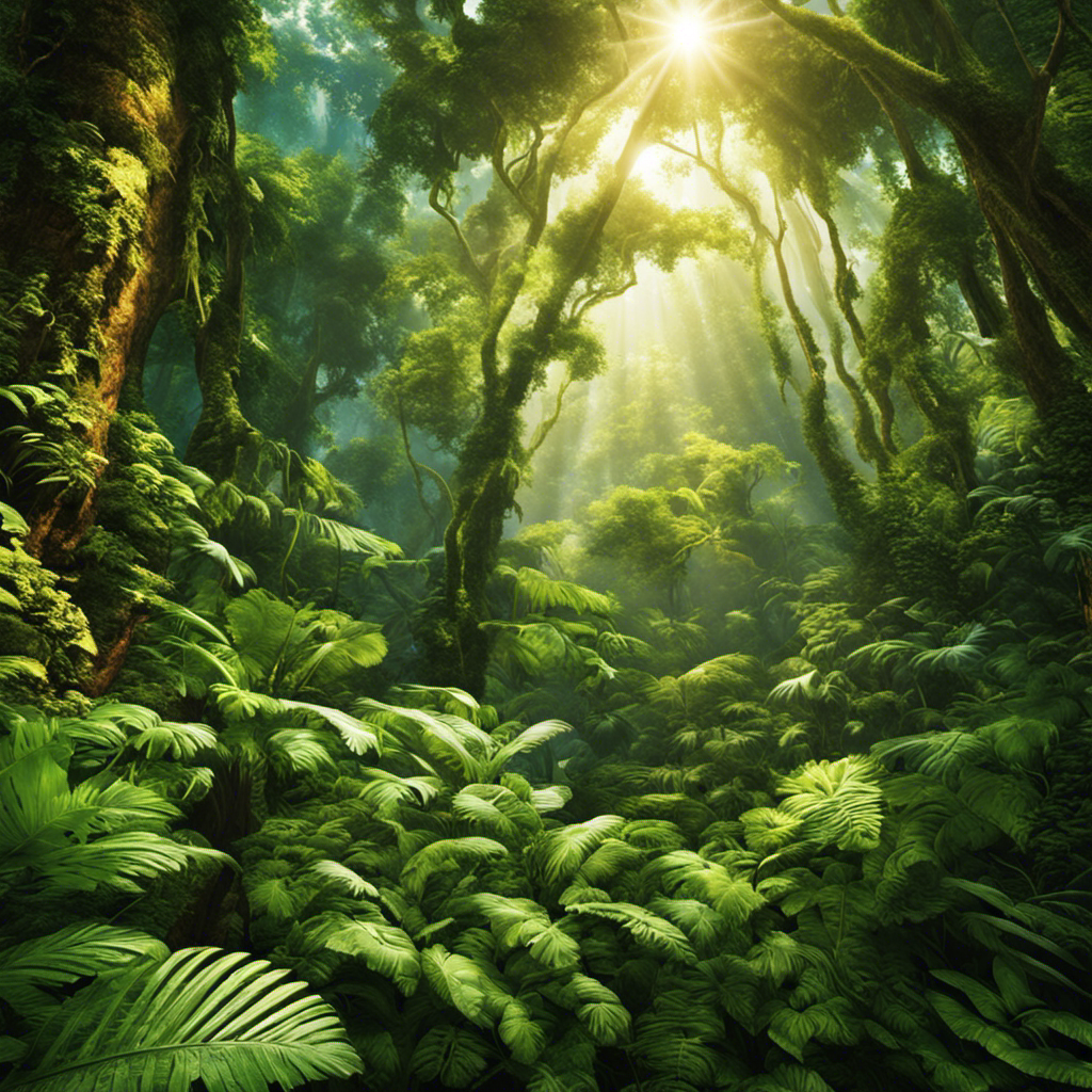 An image depicting a vibrant rainforest with sunlight filtering through the dense canopy