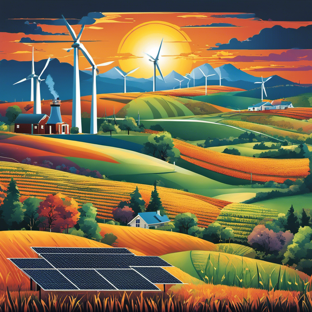 An image depicting the US energy mix, showcasing a vibrant solar panel array and a towering wind turbine against a backdrop of various landscapes