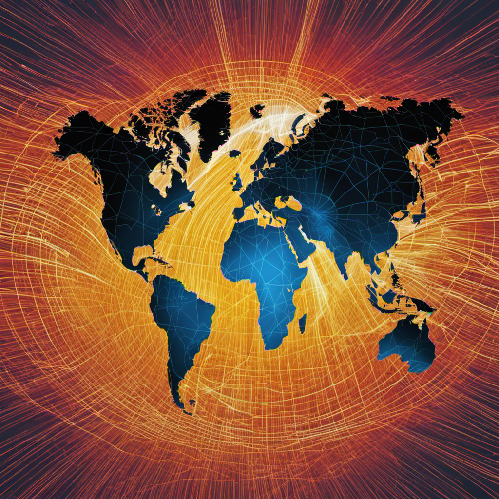An image showcasing the global map with the United States highlighted, surrounded by vibrant, pulsating lines radiating from it