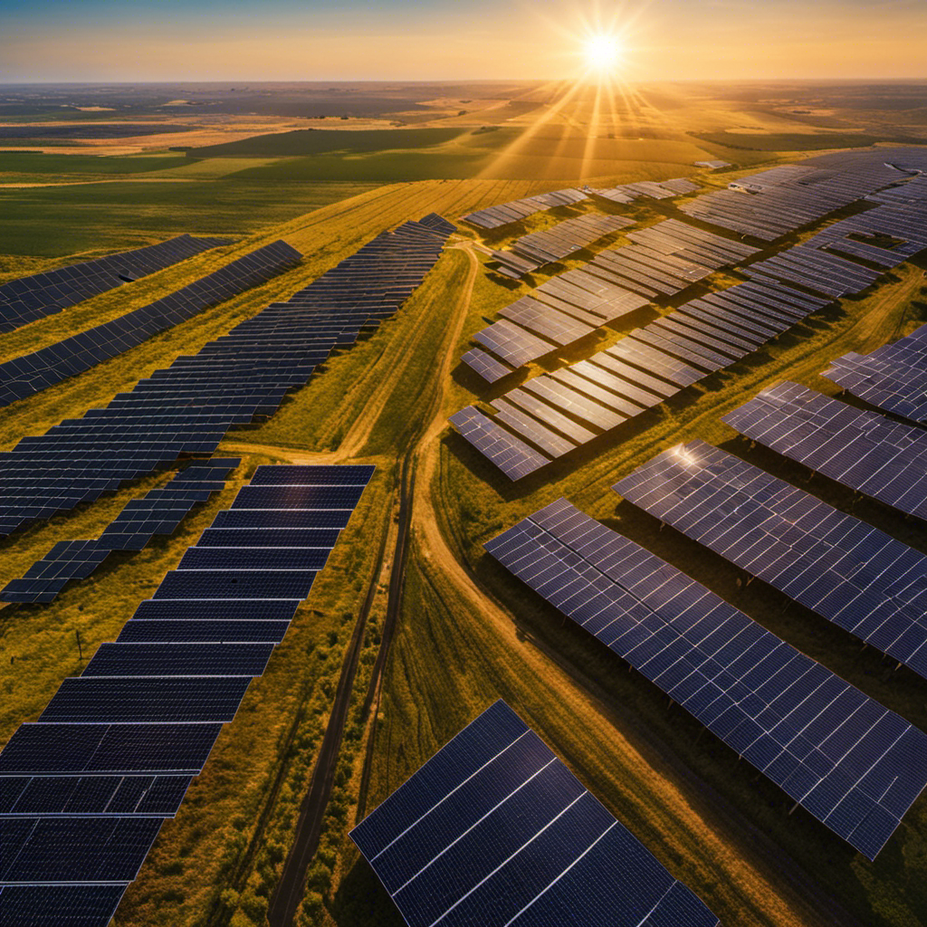 An image showcasing a vibrant solar panel farm stretching across vast open fields with the sun radiating warm golden rays, depicting the significant role of solar energy in the American energy sector