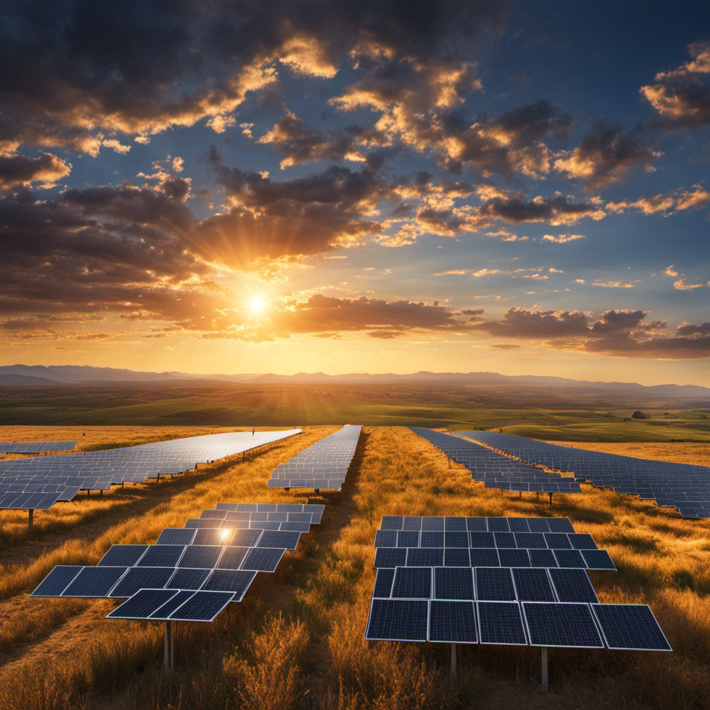 An image depicting a vast American landscape, dotted with solar panels stretching as far as the eye can see; the sun shines brightly overhead, emphasizing the crucial role of solar energy in powering the nation