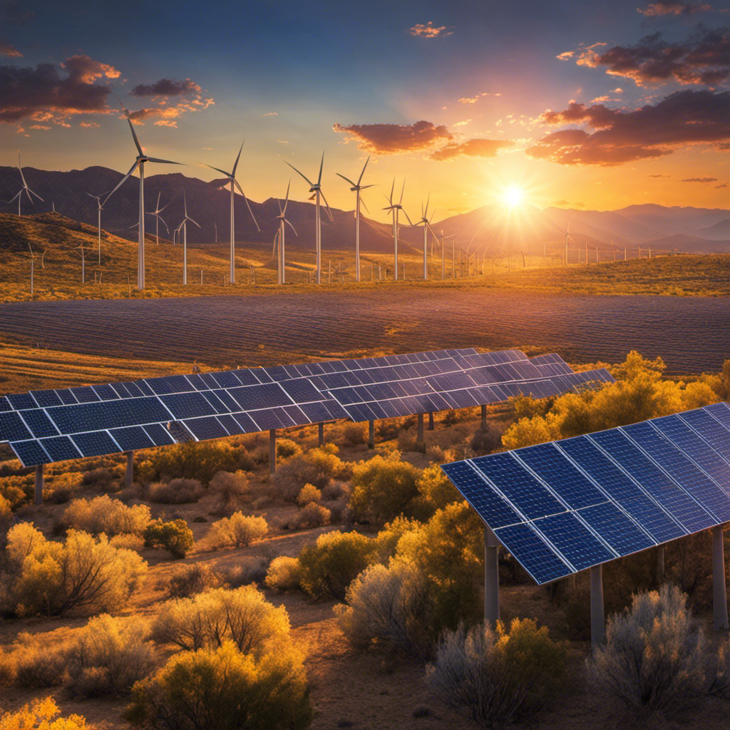 An image featuring a vibrant Arizona landscape with solar panels and wind turbines scattered across the horizon