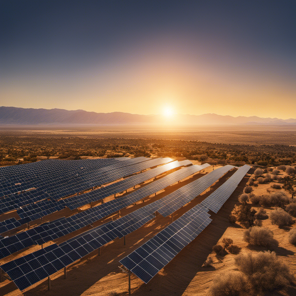 An image showcasing the California energy landscape, with a sprawling sun-drenched desert horizon adorned with countless solar panels stretching as far as the eye can see, conveying the dominance of solar energy in the state