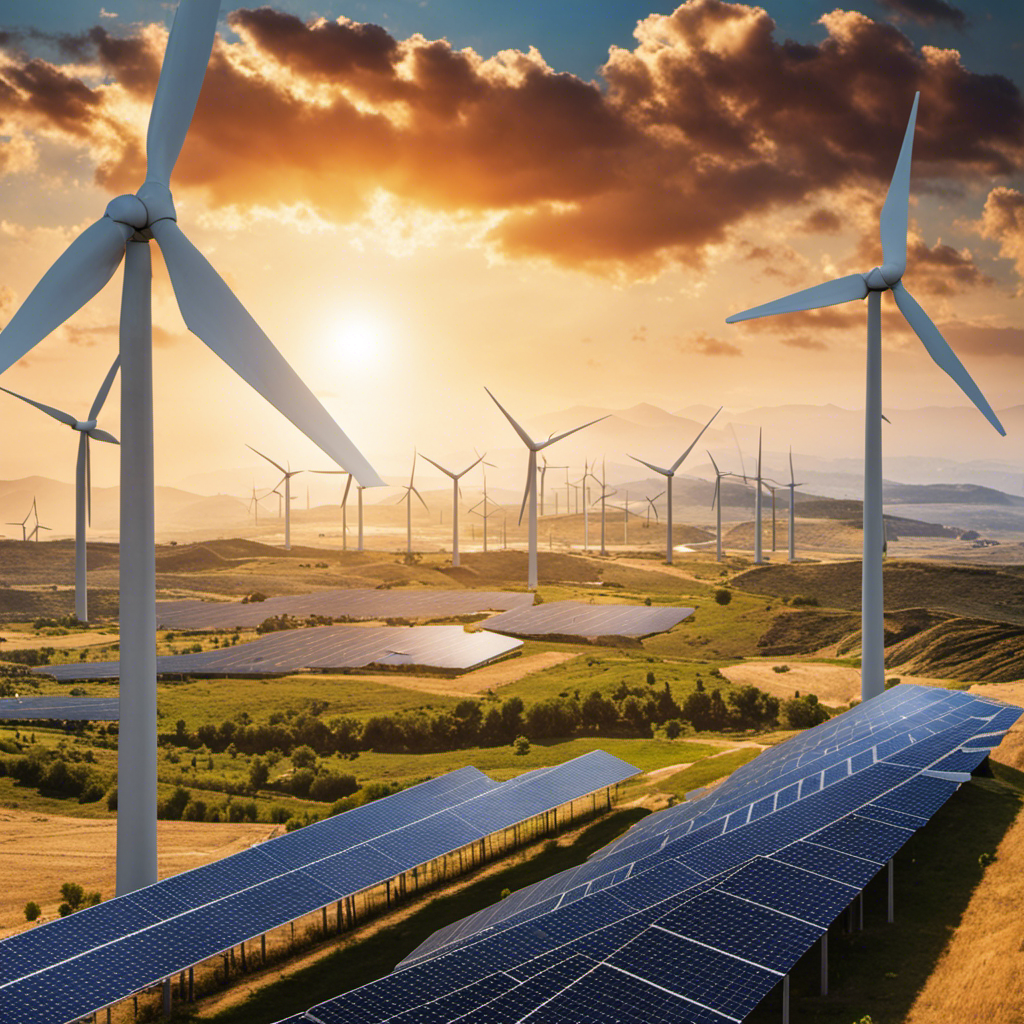 An image showcasing the Spanish energy landscape, featuring a vibrant solar panel array dominating the foreground, while various conventional power plants and wind turbines blend into the background, representing the diverse energy sources