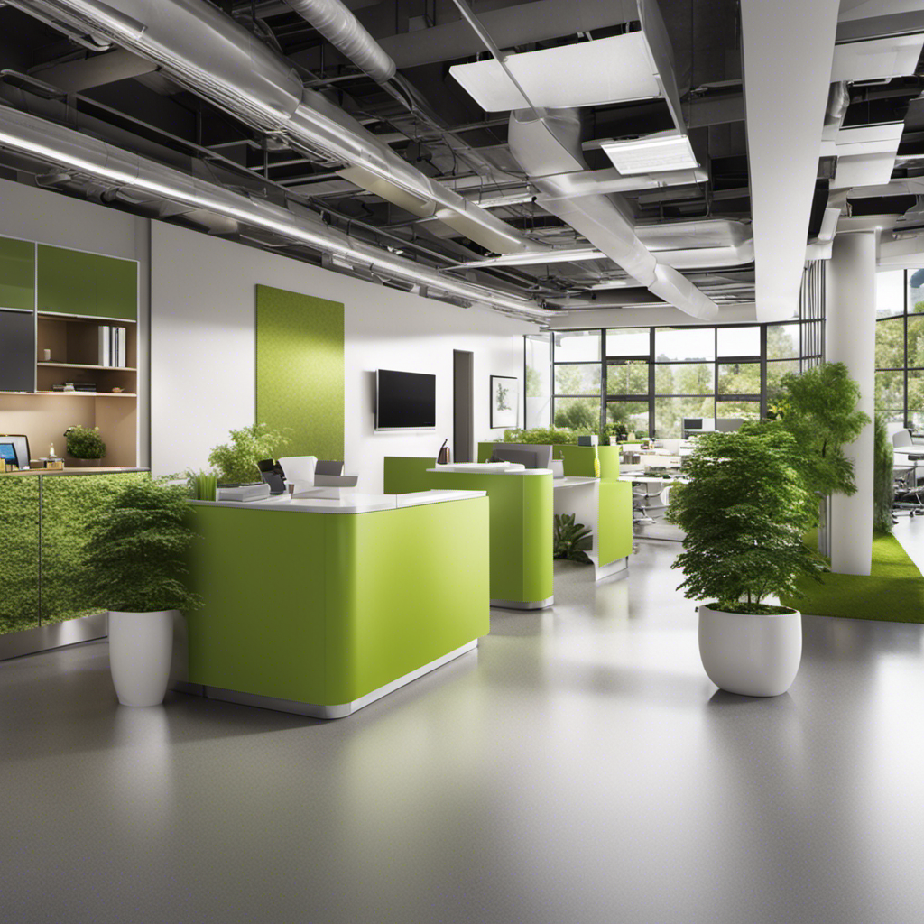 An image showcasing a bustling office environment with employees actively engaging in eco-friendly practices such as recycling, using energy-efficient appliances, and promoting sustainable transportation options like biking or carpooling