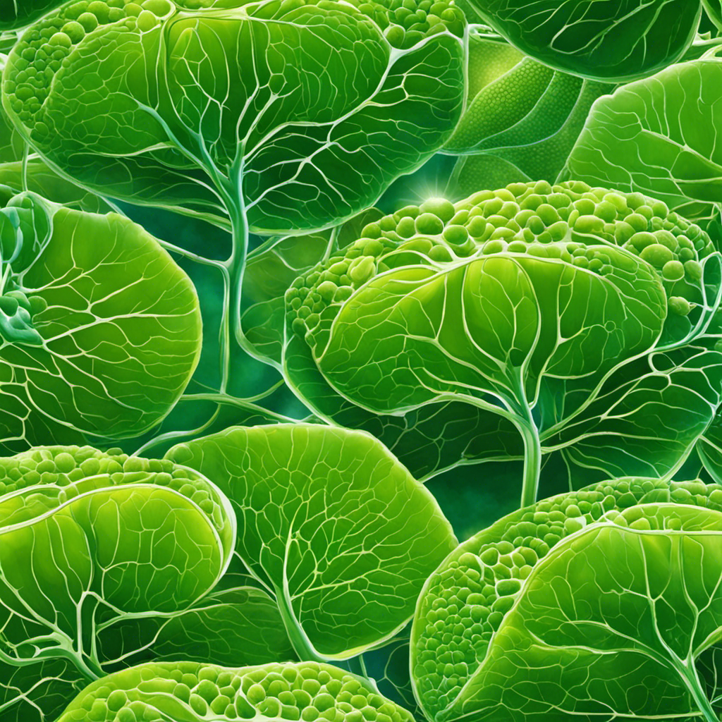 An image showcasing the intricate process of photosynthesis: vibrant green chloroplasts in plant cells capturing sunlight, converting it into chemical energy, and producing glucose molecules, all within the complex network of cell membranes