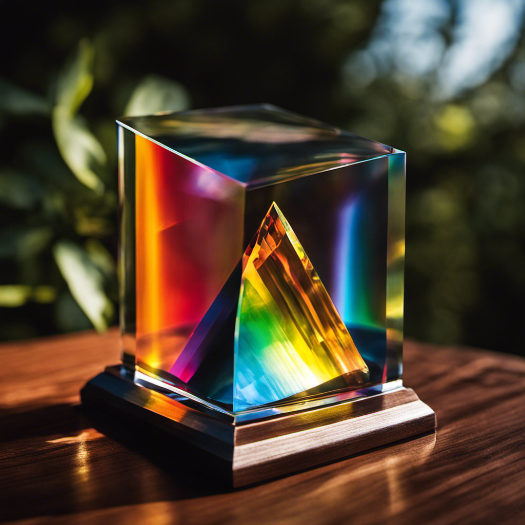 An image showcasing a transparent glass prism placed under sunlight, dispersing a vivid spectrum of colors, highlighting the interaction between matter and solar energy