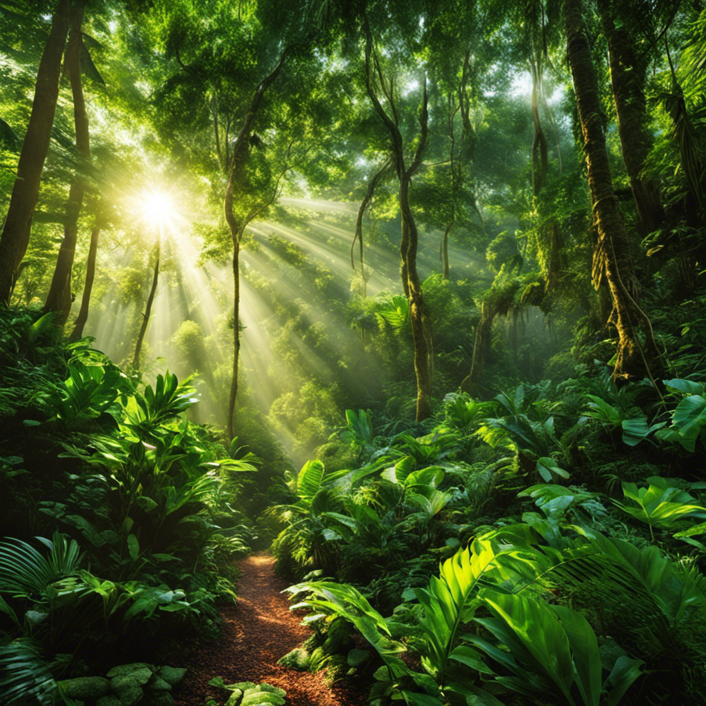 An image showcasing a tropical region, where the sun's rays pierce through the dense rainforest canopy, casting dramatic shadows on the forest floor
