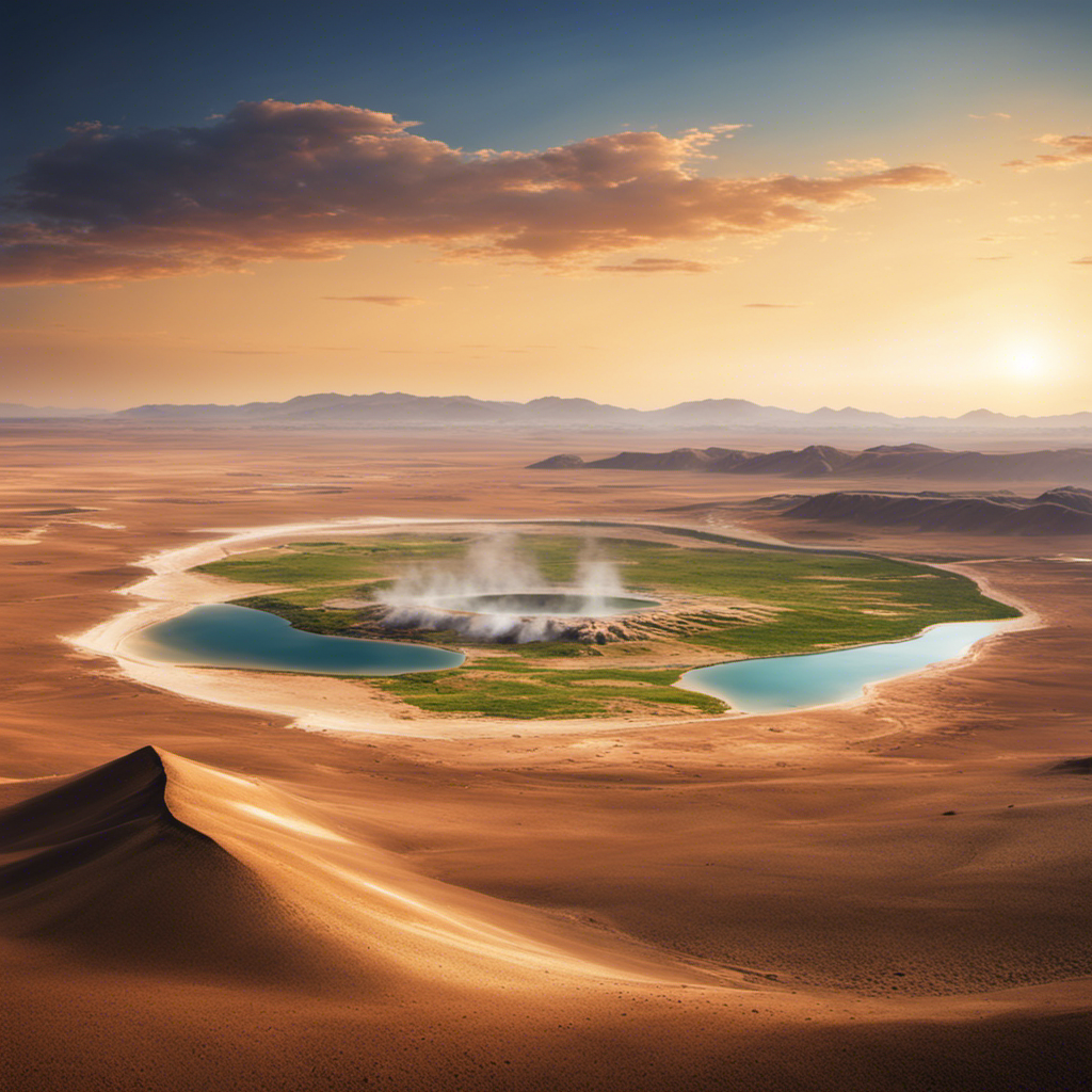 An image depicting a vast, arid desert landscape with a shimmering oasis in the distance