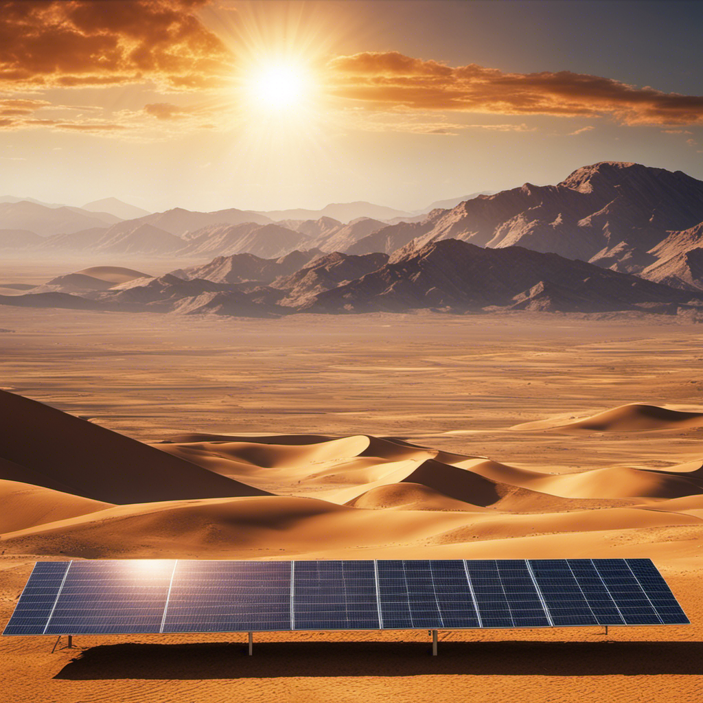 An image showcasing a vast, sun-drenched desert landscape with towering solar panels stretching across the horizon