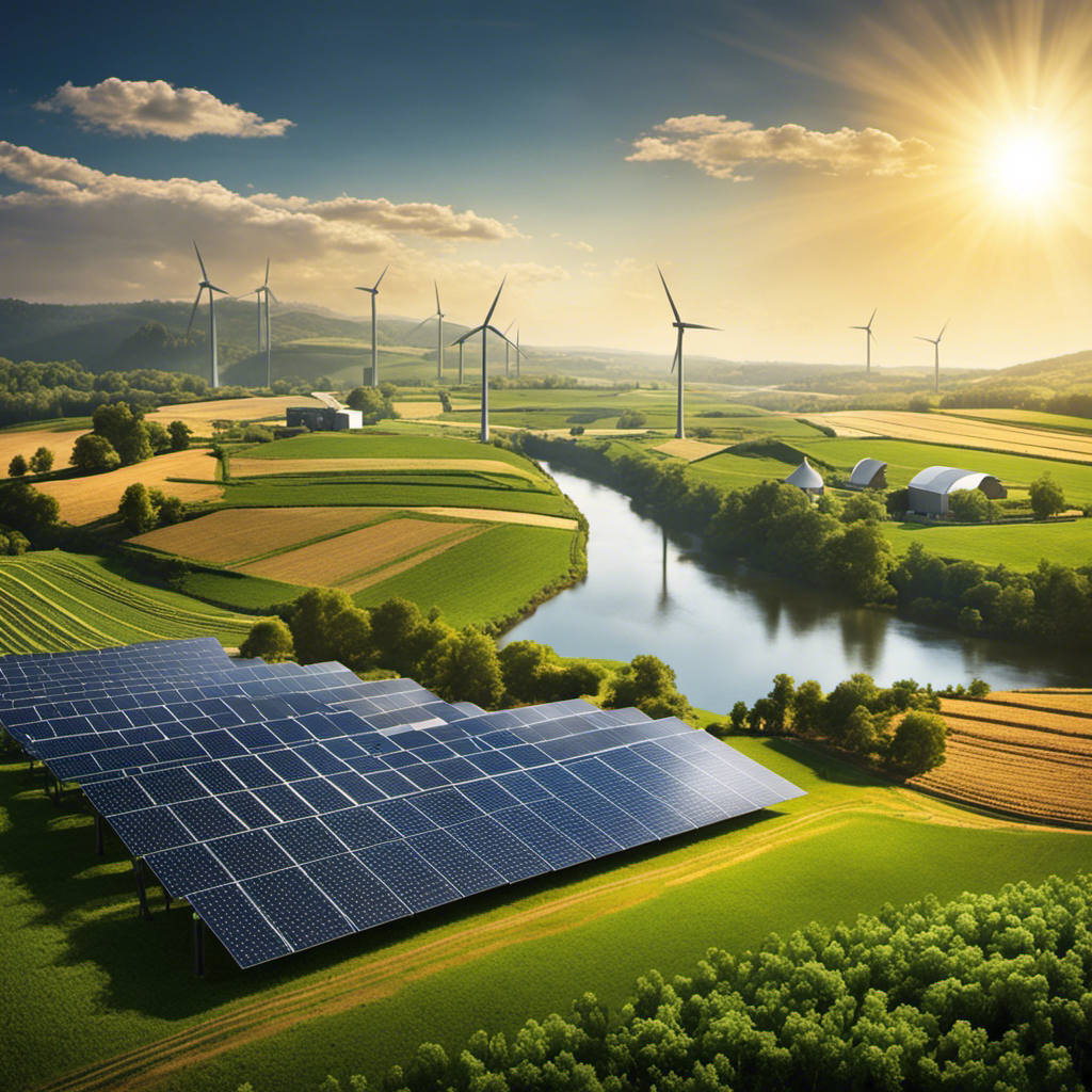 An image showcasing a sunlit landscape with solar panels on rooftops, wind turbines in the distance, a hydroelectric dam on a river, and fields of crops for bioenergy, demonstrating the diverse renewable energy resources derived from solar energy