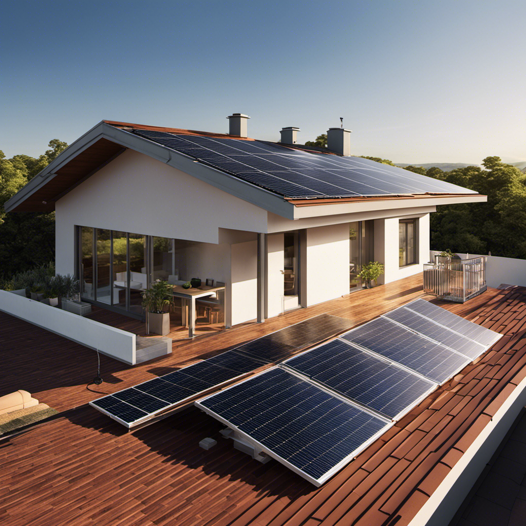 An image showcasing a residential rooftop solar panel system, with sunlight hitting the panels, generating electricity