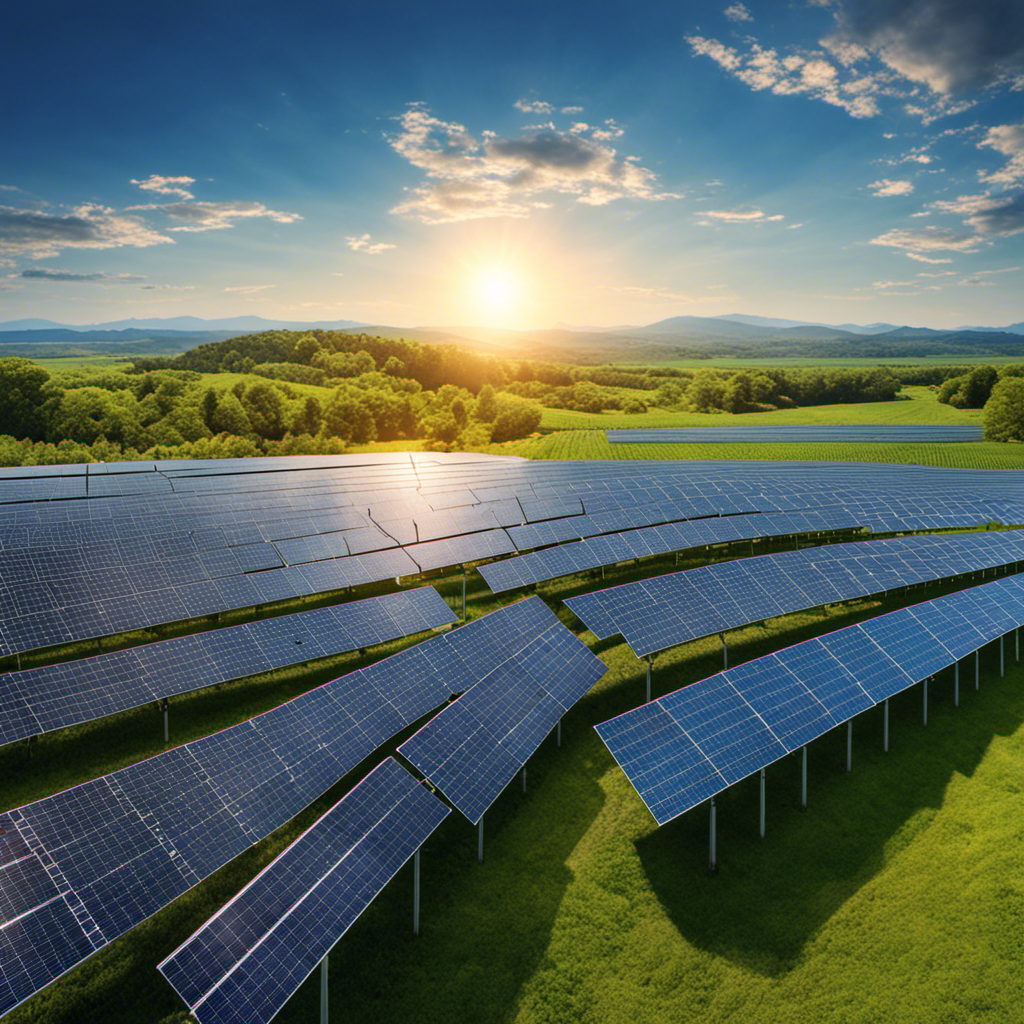 An image showcasing a vast solar farm with rows of gleaming solar panels stretching towards the horizon