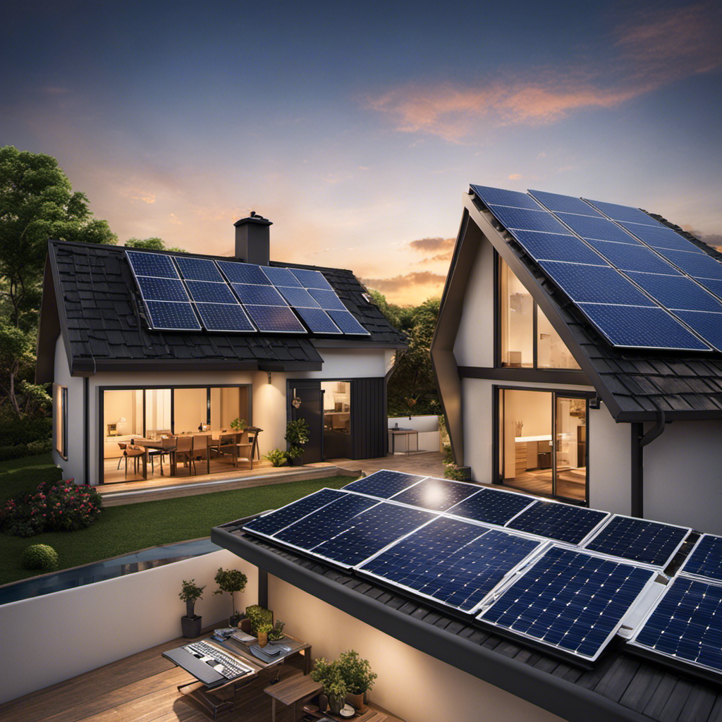 An image showcasing solar panels on rooftops, absorbing sunlight and converting it into electricity, powering various household appliances such as lights, a refrigerator, and a laptop charger