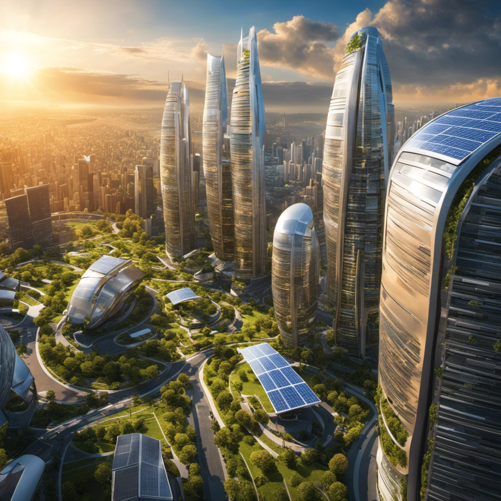 An image showing a futuristic cityscape with sleek, energy-efficient buildings seamlessly integrated with solar panels, harnessing the sun's power