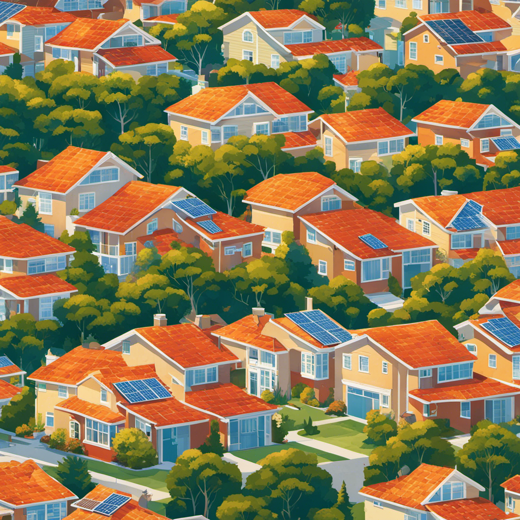 An image showcasing a suburban neighborhood with rooftops adorned with solar panels, reflecting the vibrant rays of the sun
