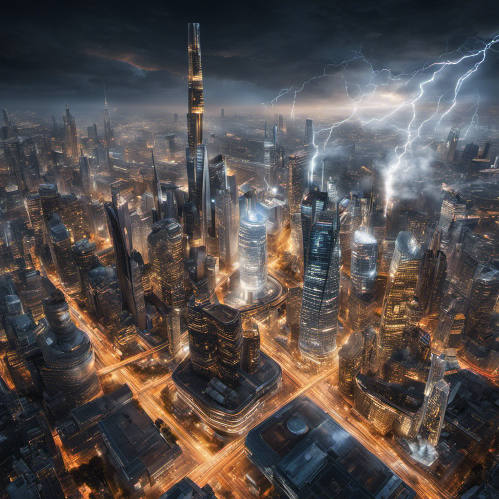 An image depicting a bustling cityscape with towering skyscrapers, where a network of electric cables connects to various power stations emitting steam and smoke, showcasing a diverse range of non-solar energy sources