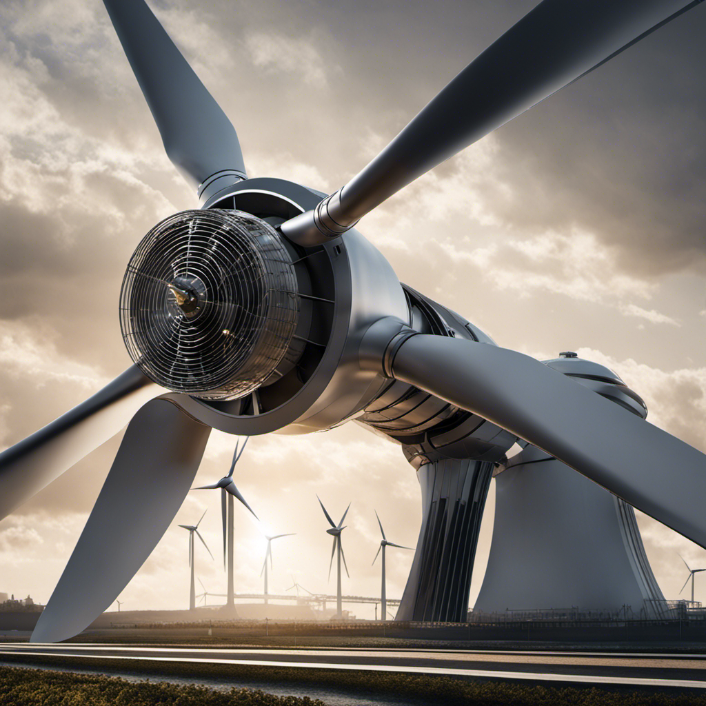 An image capturing the intricate mechanics of a wind turbine: a colossal rotor adorned with three aerodynamic blades, elegantly rotating under the force of a powerful gust, while the hub and gearbox silently transmit energy to generate electricity