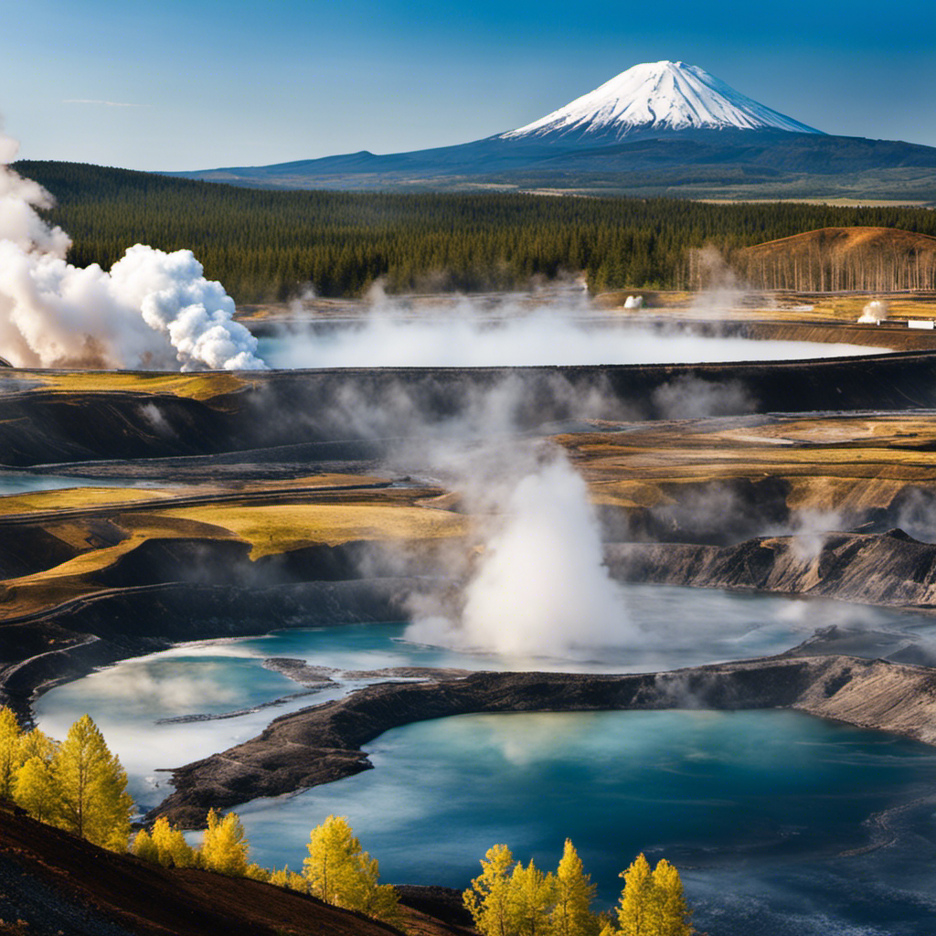 An image showcasing a geothermal power plant nestled amidst the picturesque landscapes of a state known for its active volcanoes, bubbling hot springs, and steamy geysers