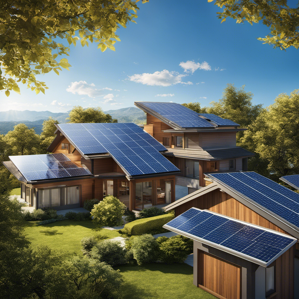 An image showcasing a sun-drenched landscape with solar panels seamlessly integrated into rooftops of suburban homes