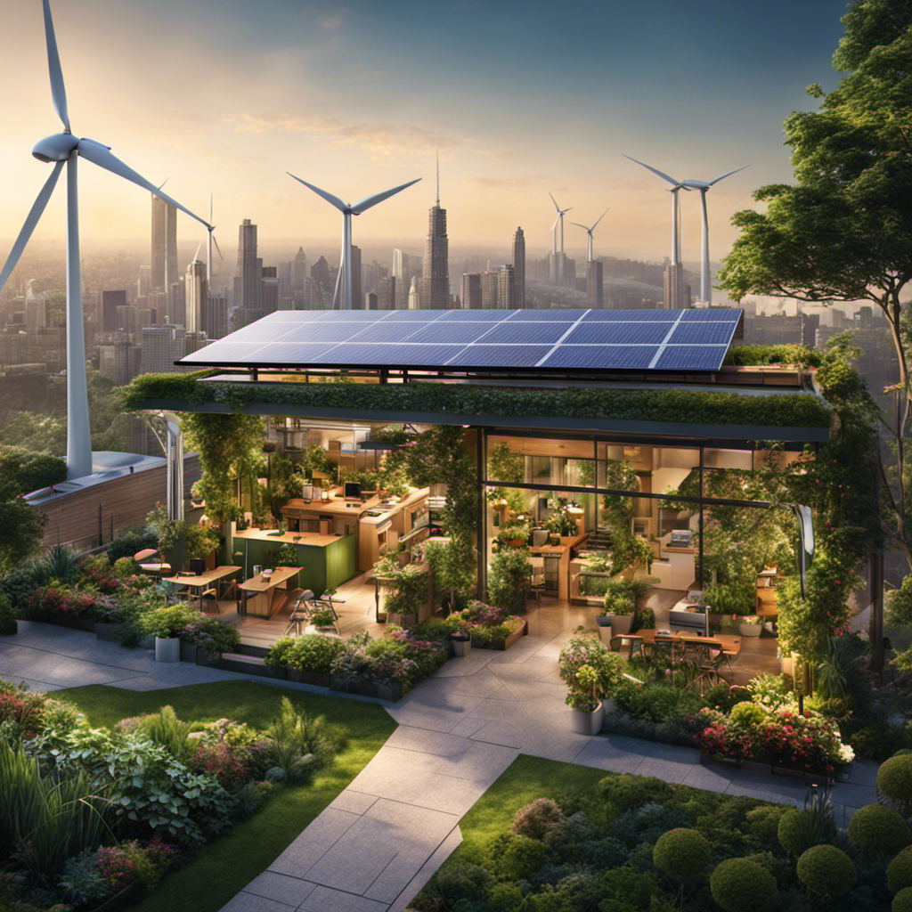 An image showcasing a lush, green rooftop garden with solar panels, rainwater collection system, and a bike parked nearby