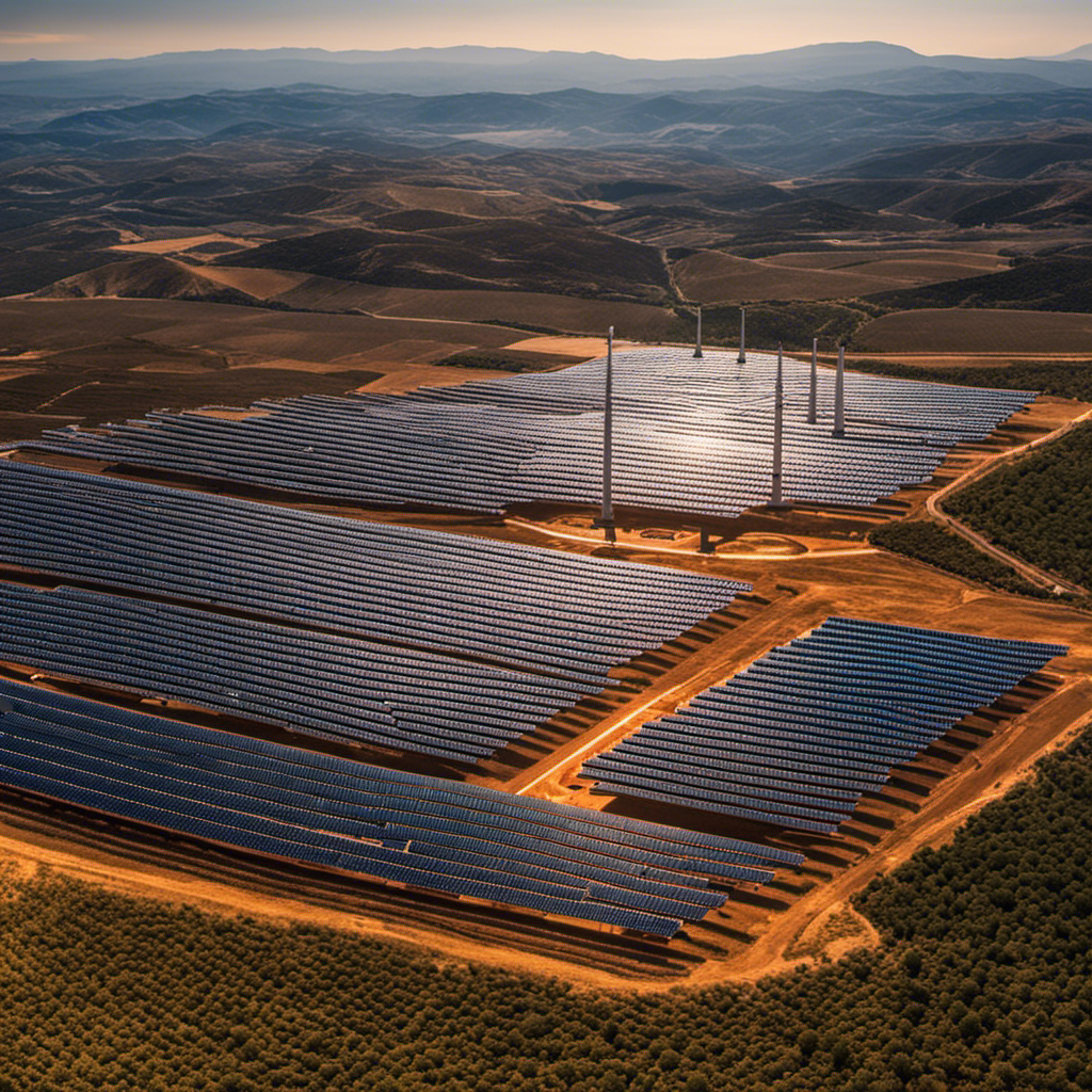 An image that showcases the vast expanse of Spain's first solar power plant, with rows upon rows of gleaming solar panels glistening under the sun, storing the generated energy in a sea of large, vibrant red lithium-ion batteries