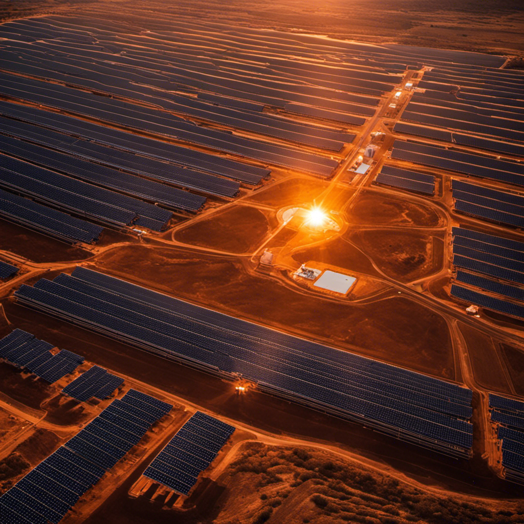 An image showcasing a massive solar power plant in Spain, with a vibrant sunset casting a warm glow