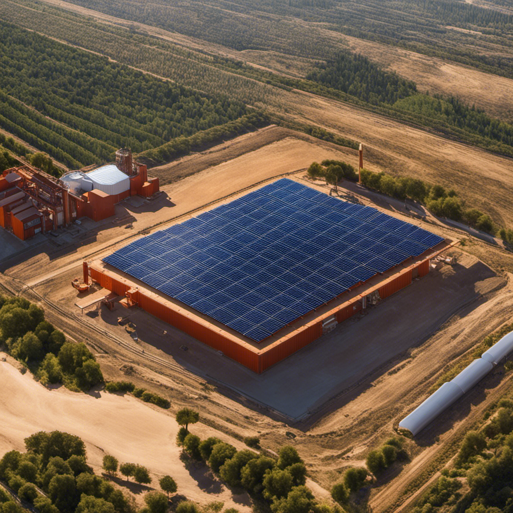 An image that showcases a vast field of solar panels reflecting the vibrant Spanish sun, while large containers surround the plant, symbolizing the substance used to store the energy harnessed in Spain's first solar power plant