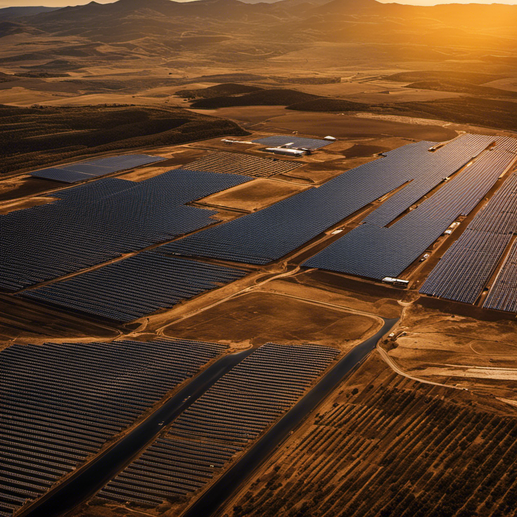 An image showcasing Spain's first solar power plant: a vast field of photovoltaic panels gleaming under the sun, with a nearby facility storing excess energy through a network of massive lithium-ion battery arrays