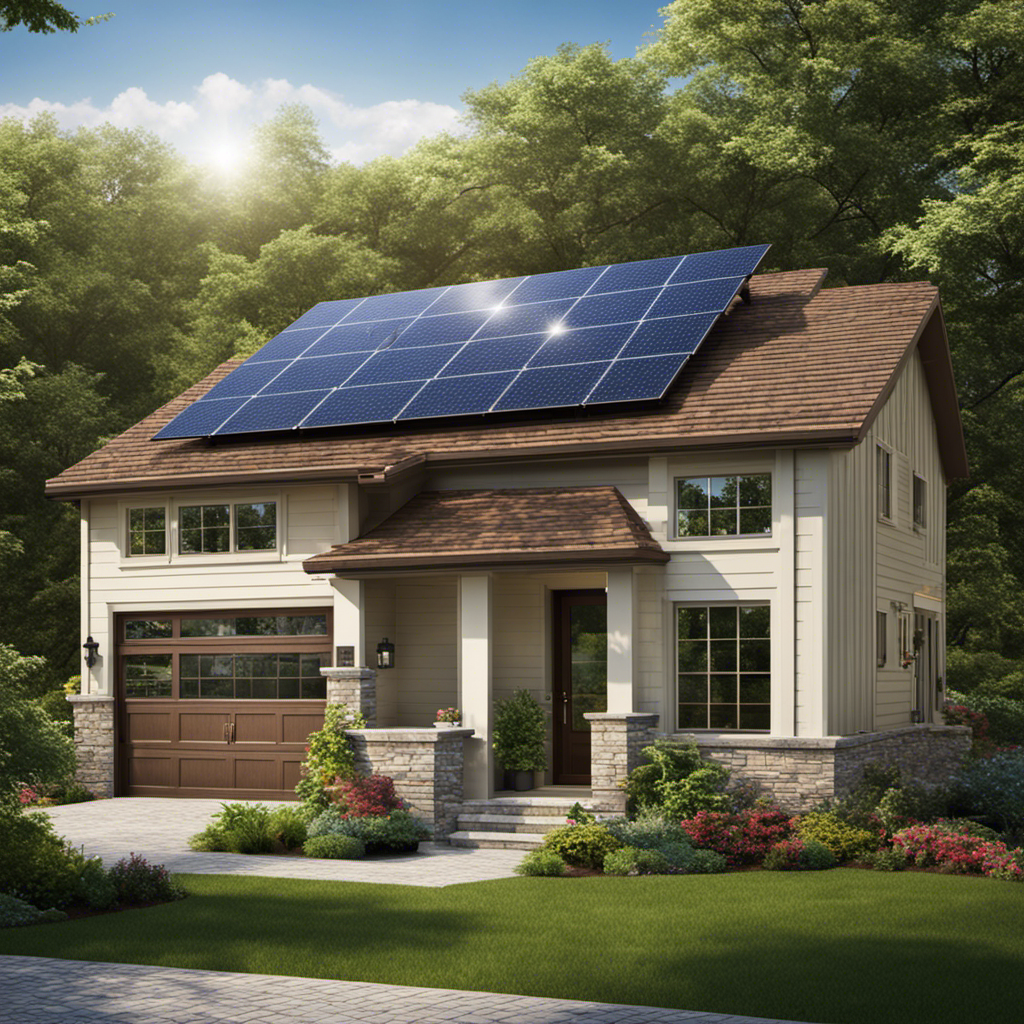 An image showcasing a typical Wisconsin home, featuring solar panels on the roof, surrounded by lush greenery