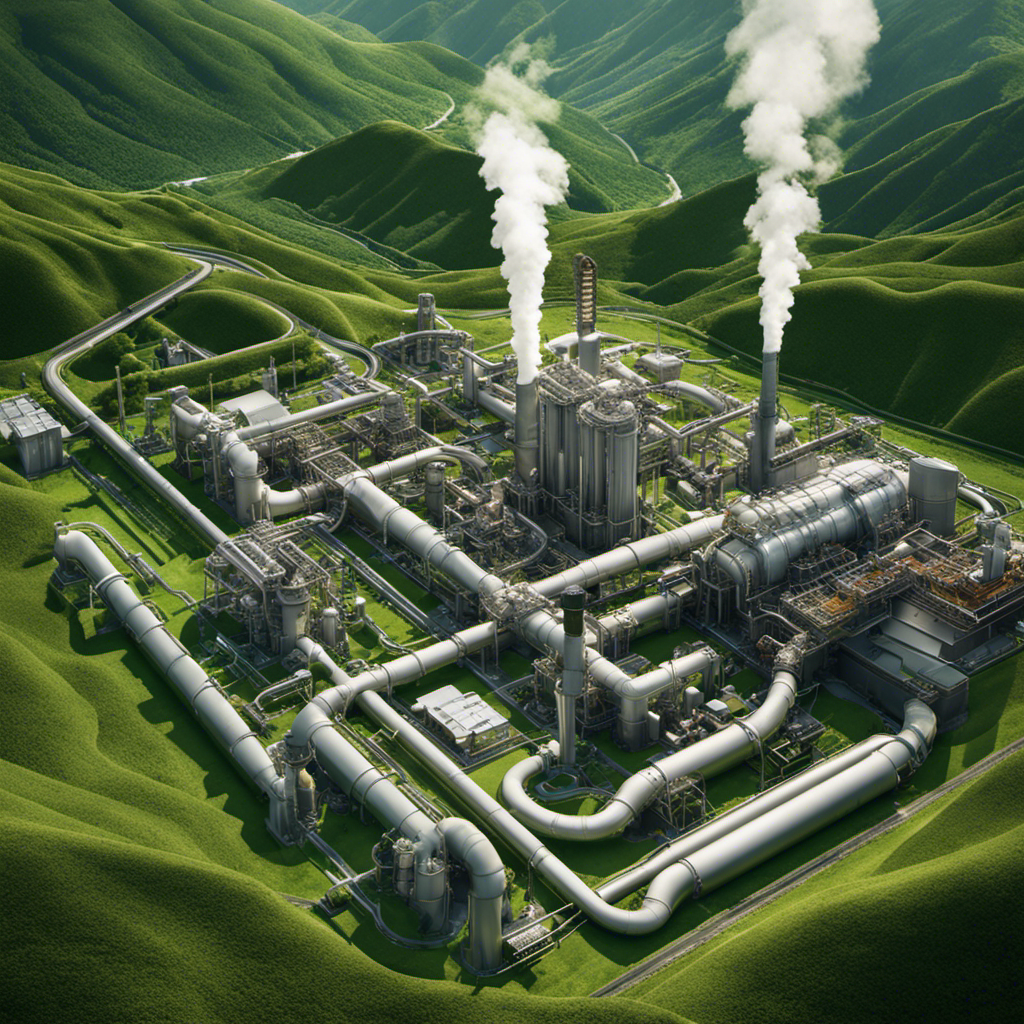 An image that showcases a sprawling geothermal power plant set against a backdrop of lush green mountains