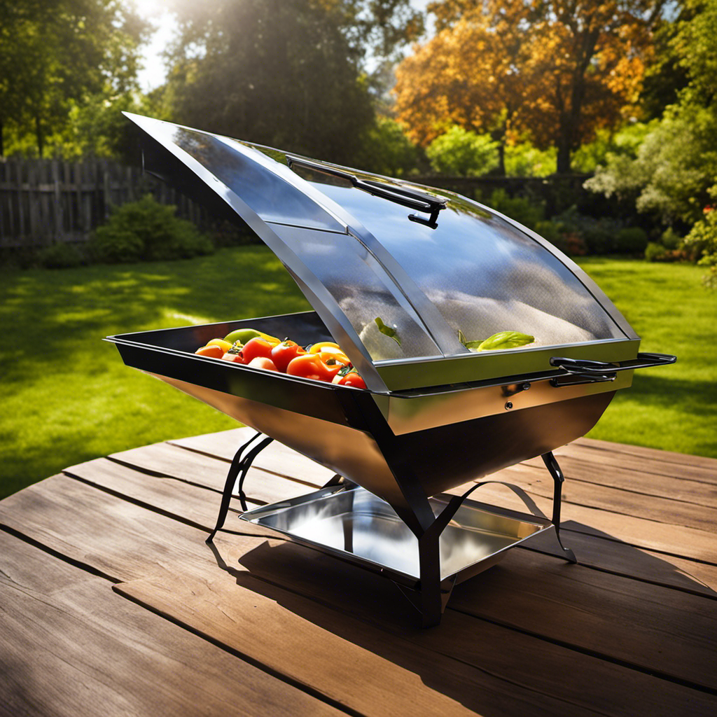 An image of a solar oven in a sunlit backyard, with its reflective panels angled towards the sun, harnessing the radiant energy