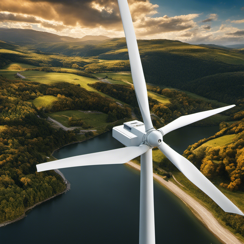 An image showcasing a massive wind turbine in motion against a scenic backdrop