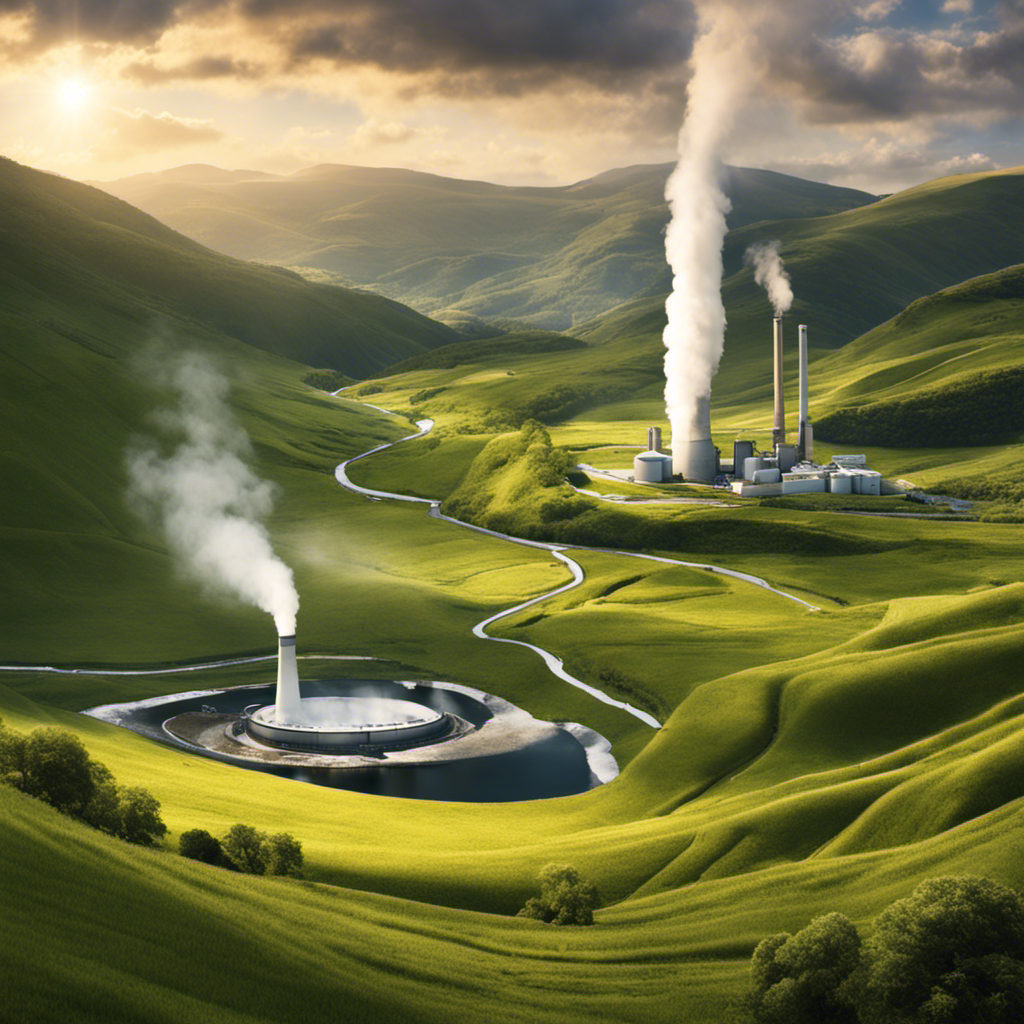 An image showcasing a serene landscape with a modern geothermal power plant nestled within rolling hills