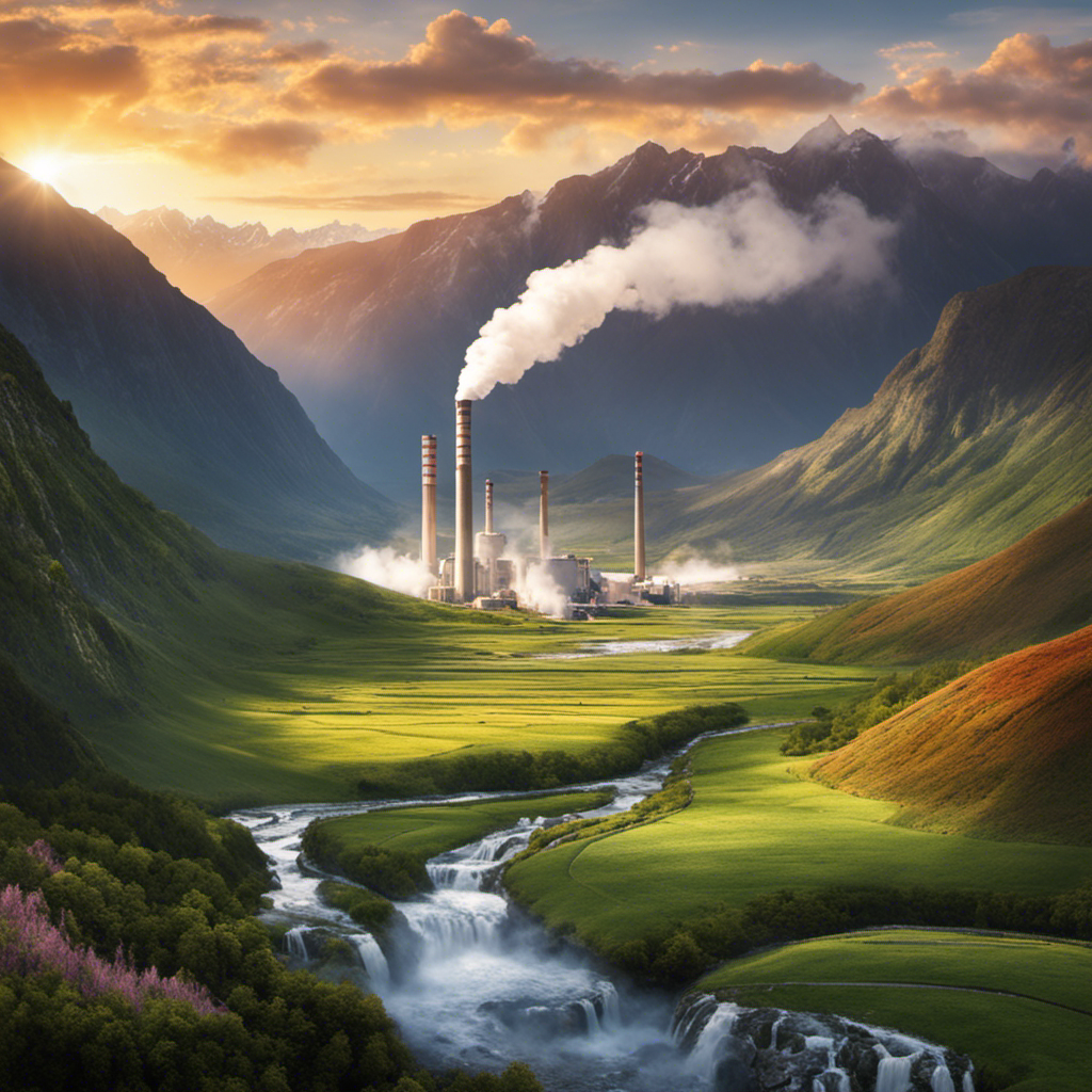 An image showcasing a serene landscape with a sprawling geothermal power plant nestled at the base of majestic mountains